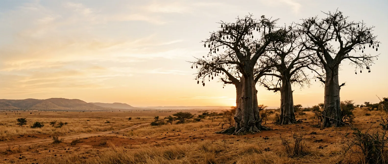 Baobab trees in the Senegalese savanna at sunset