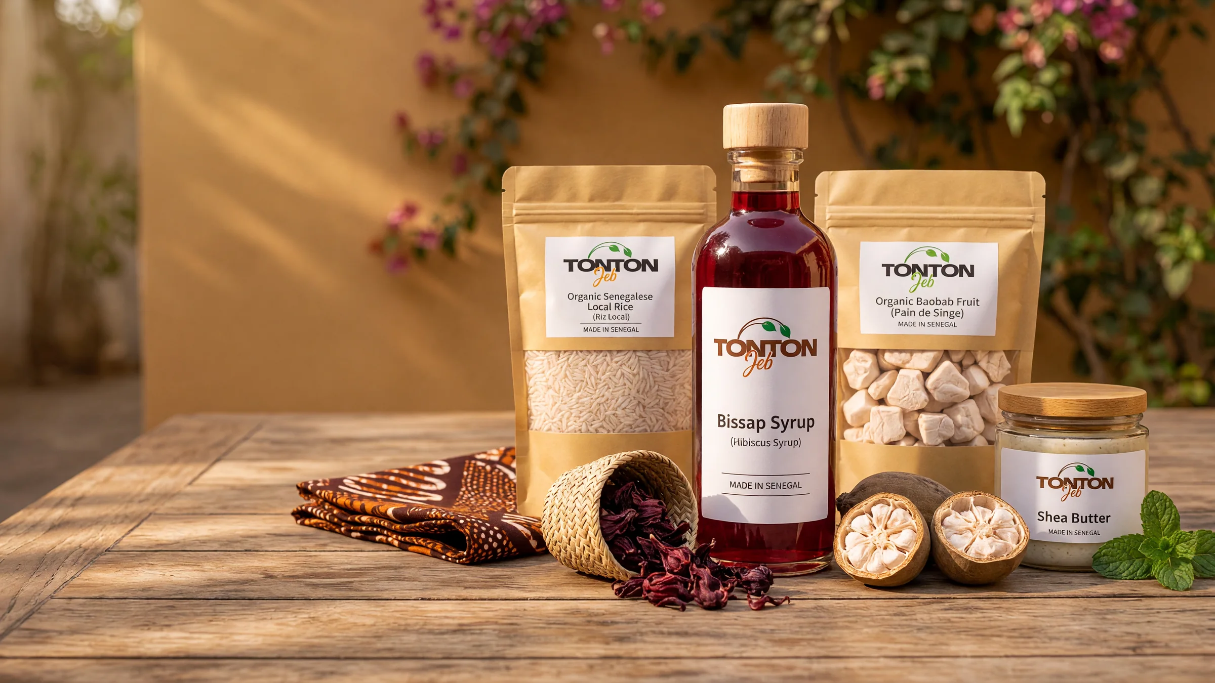 Sirop de bissap, riz local, fruit du baobab et beurre de karité Tonton Jeb sur une table ensoleillée à Dakar